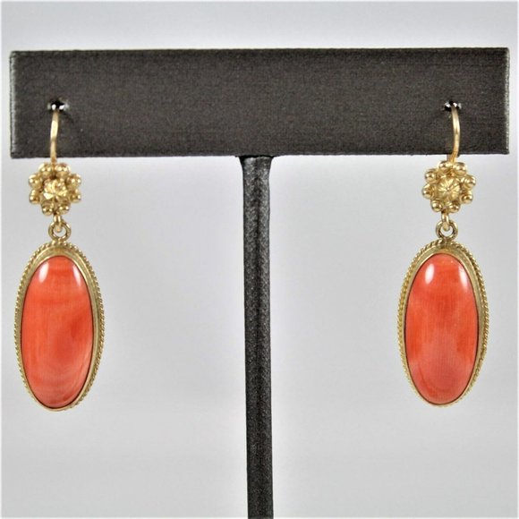 Vintage 14K Yellow Gold Large Salmon Red Coral Cabochon Dangle Drop EARRINGS - Picture 6 of 8